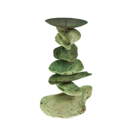 The Window, Milford Haven medium driftwood candle holder with a rustic stacked wood design and metal candle plate.