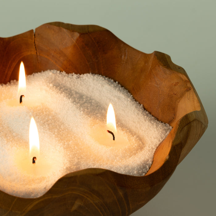 The Window, Milford Haven dusty rose fragranced candle sand burning with three wicks in a rustic wooden bowl