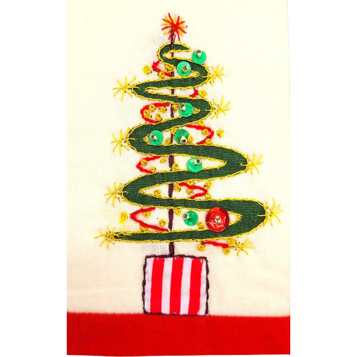 The Window, Milford Haven hand-embroidered Christmas card featuring a green tree design with sequins on recycled paper.