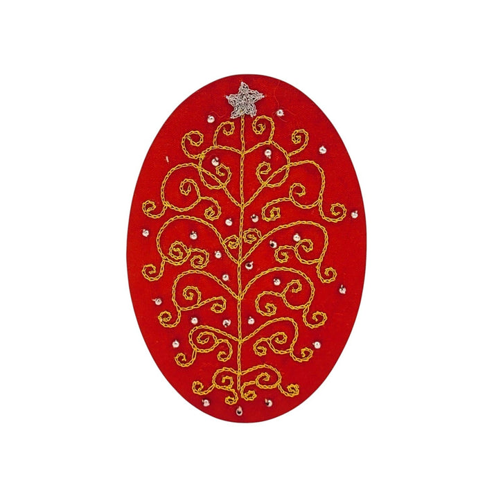 The Window, Milford Haven hand-embroidered red Christmas card featuring a gold stitched tree with sequin accents.