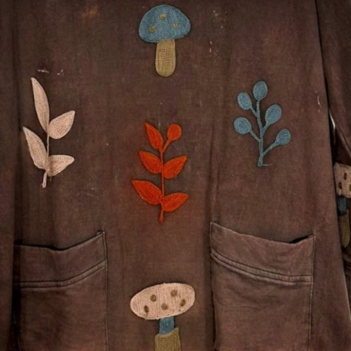 The Window, Milford Haven chocolate brown cotton tunic dress featuring embroidered toadstools and leaves with pockets.
