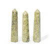The Window, Milford Haven set of three polished green epidote gemstone obelisk points with six-sided facets.