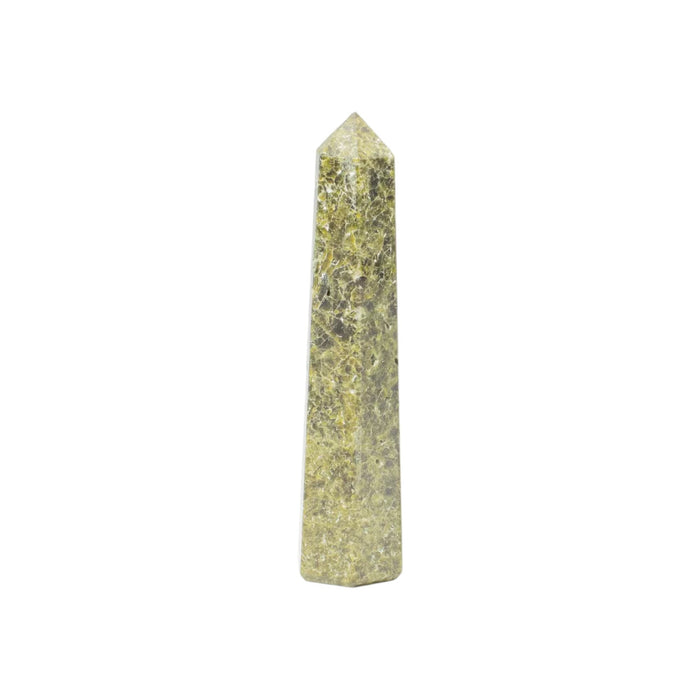 The Window, Milford Haven polished green epidote six-face obelisk point gemstone crystal for home decor.