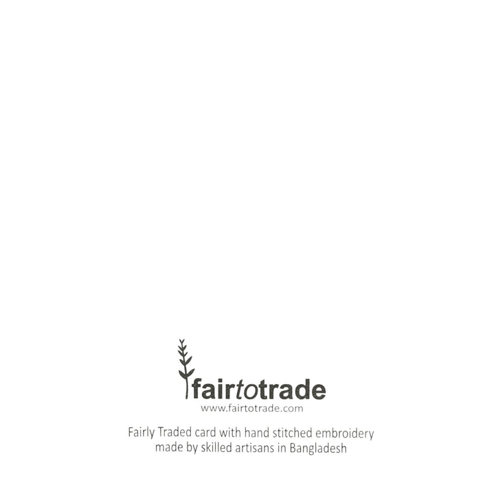 The Window, Milford Haven fair trade Christmas card back with artisan embroidery information and logo