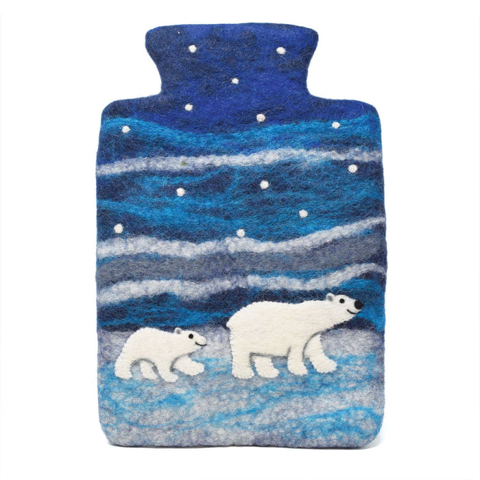 The Window, Milford Haven Black Yak wool felt hot water bottle featuring a hand-stitched polar bear and cub design.