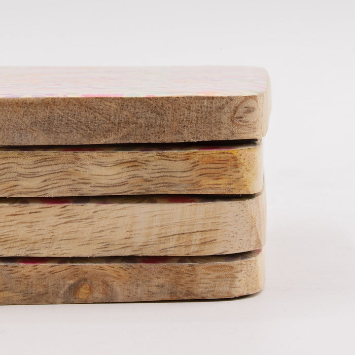 The Window, Milford Haven set of four square mango wood coasters featuring a delicate pastel floral pattern