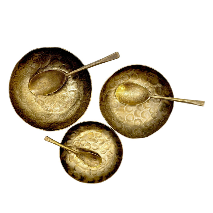 The Window, Milford Haven gold-toned forged antique-finished oval spoons with hammered texture in three sizes.