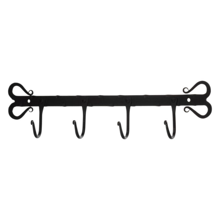 The Window, Milford Haven forged black metal wall hanger featuring four hooks and decorative heart-shaped ends.