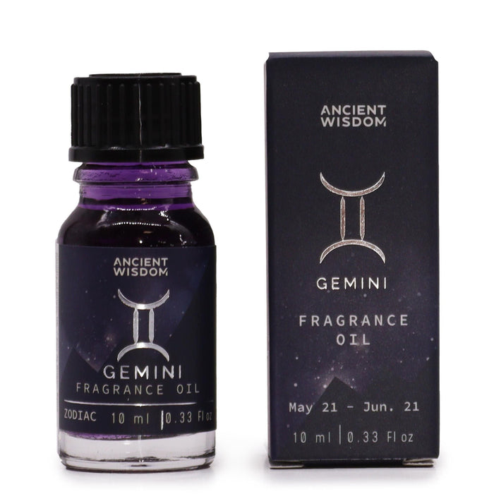 The Window, Milford Haven Gemini zodiac fragrance oil in a 10ml bottle with matching dark purple box and star design