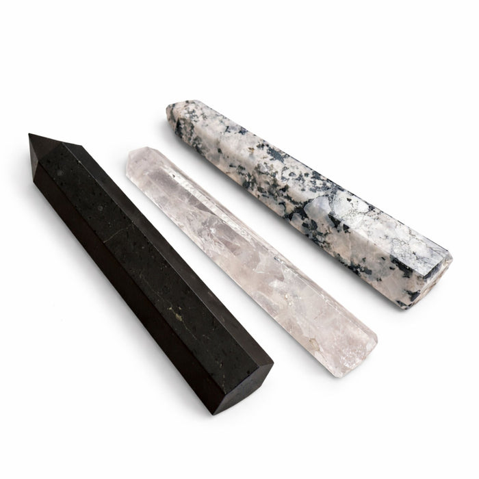 The Window, Milford Haven set of three polished gemstone obelisk points in black tourmaline, clear quartz, and granite.