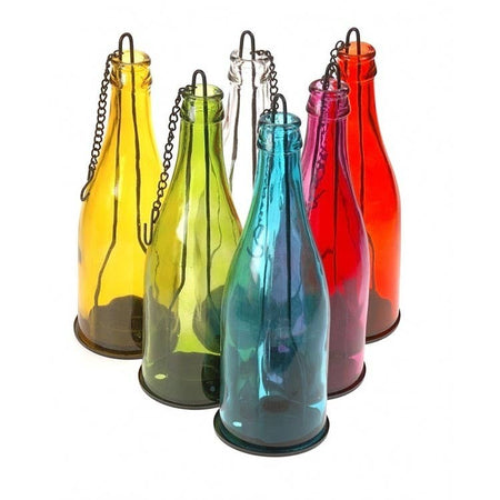 The Window, Milford Haven glass bottle tealight holders in six vibrant colours with metal hanging chains