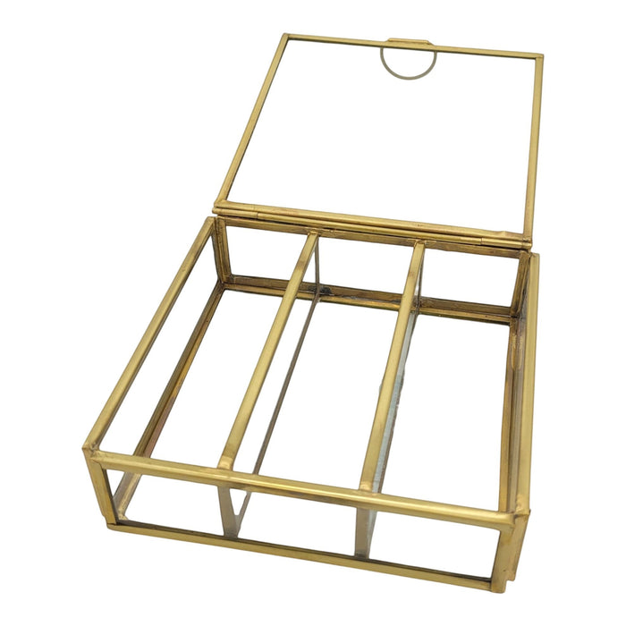 The Window, Milford Haven large glass and brass jewellery box with three internal compartments and a hinged lid.