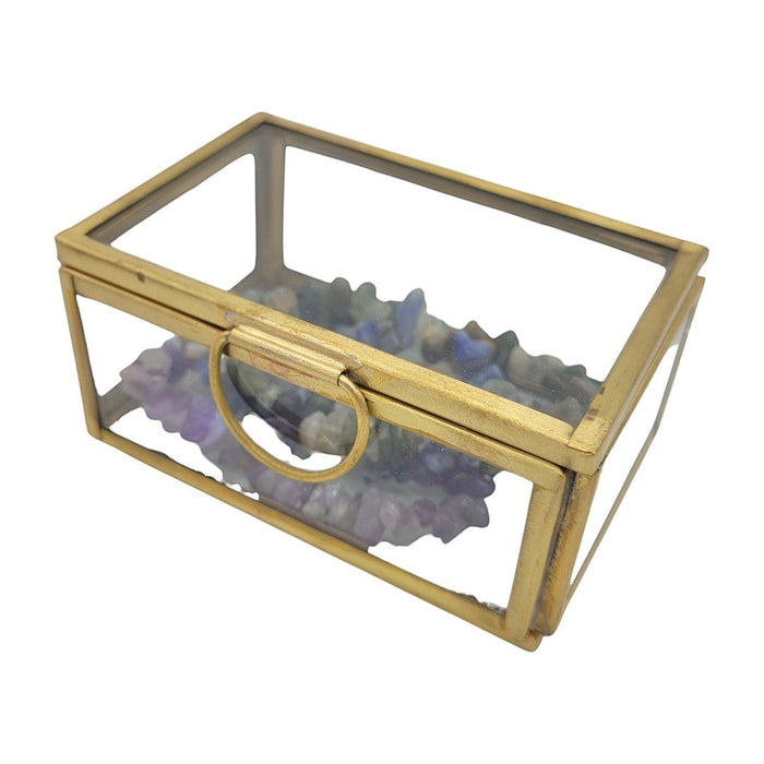 The Window, Milford Haven small rectangular glass jewellery box with gold metal frame and ring handle