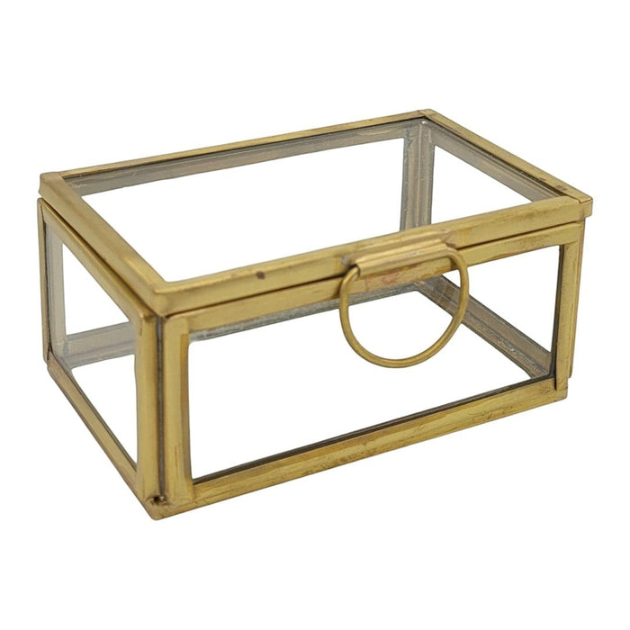 The Window, Milford Haven small rectangular glass jewellery box with a gold metal frame and circular ring handle.
