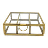 The Window, Milford Haven large square glass jewellery box with a gold metal frame and ring handle.