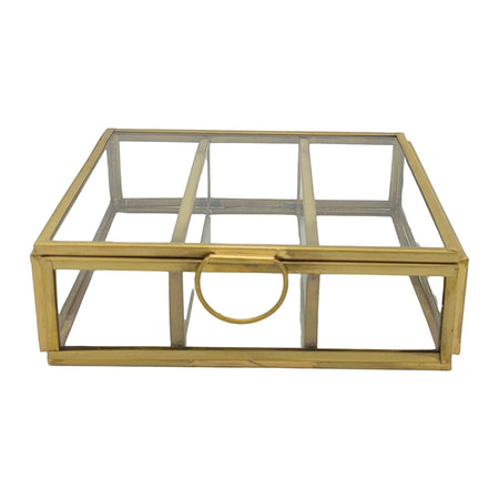 The Window, Milford Haven large square glass jewellery box with a gold metal frame and ring handle.