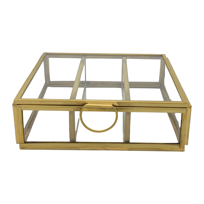 The Window, Milford Haven large square glass jewellery box with a gold metal frame and ring handle.