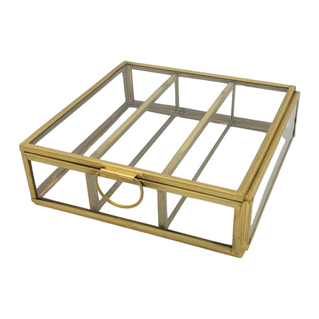 The Window, Milford Haven large square glass jewellery box with gold metal frame and ring handle