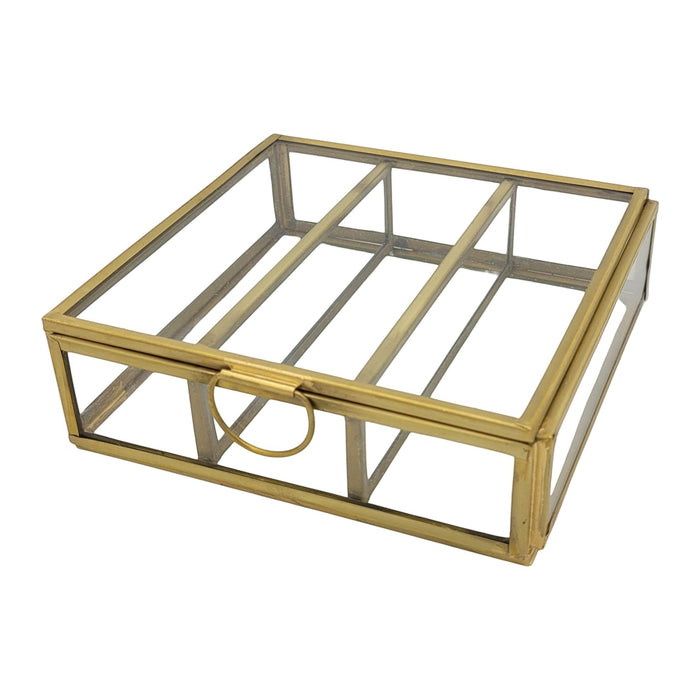 The Window, Milford Haven large square glass jewellery box with gold metal frame and ring handle