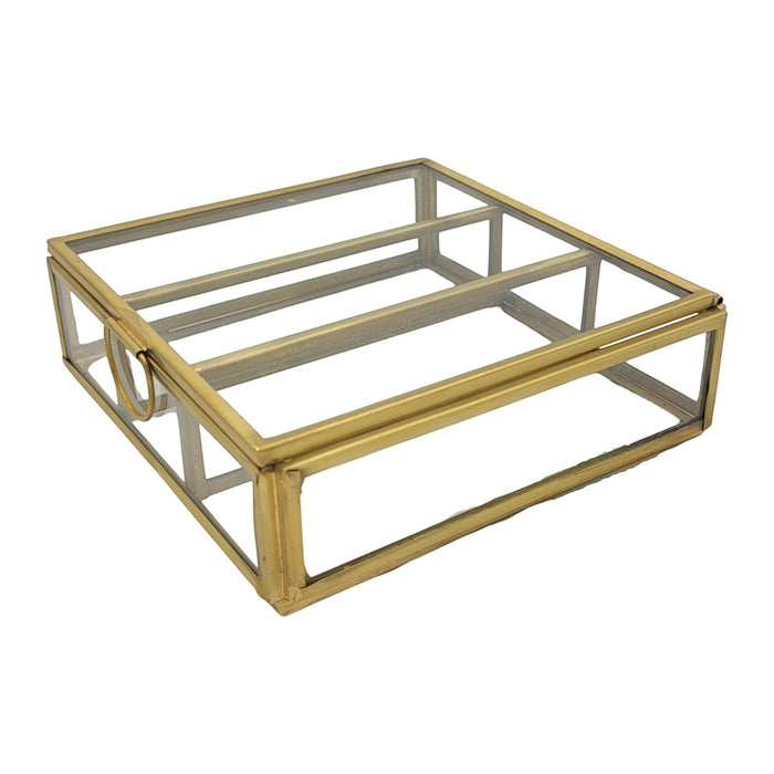 The Window, Milford Haven large square glass jewellery box with a vintage-style gold metal frame and ring handle.