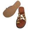 The Window, Milford Haven handmade gold leather sandals with crossed straps and a comfortable flat organic sole.