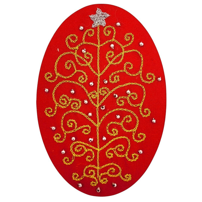 The Window, Milford Haven hand-embroidered Christmas card featuring a gold tree design on a red background.
