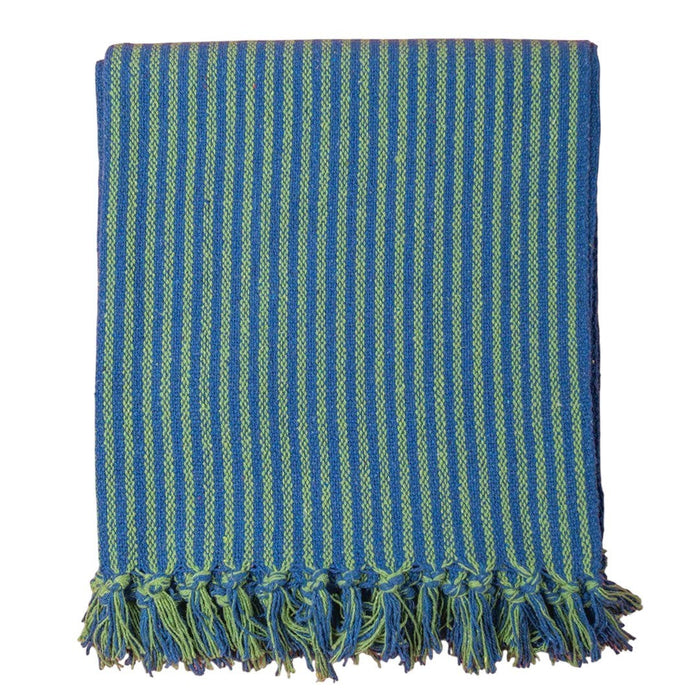 The Window, Milford Haven recycled cotton throw in green and blue stripes with decorative tasselled fringe edges.