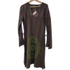 The Window, Milford Haven green and brown cotton midi tunic dress with mandala print, lurex fabric, and tie sleeves.