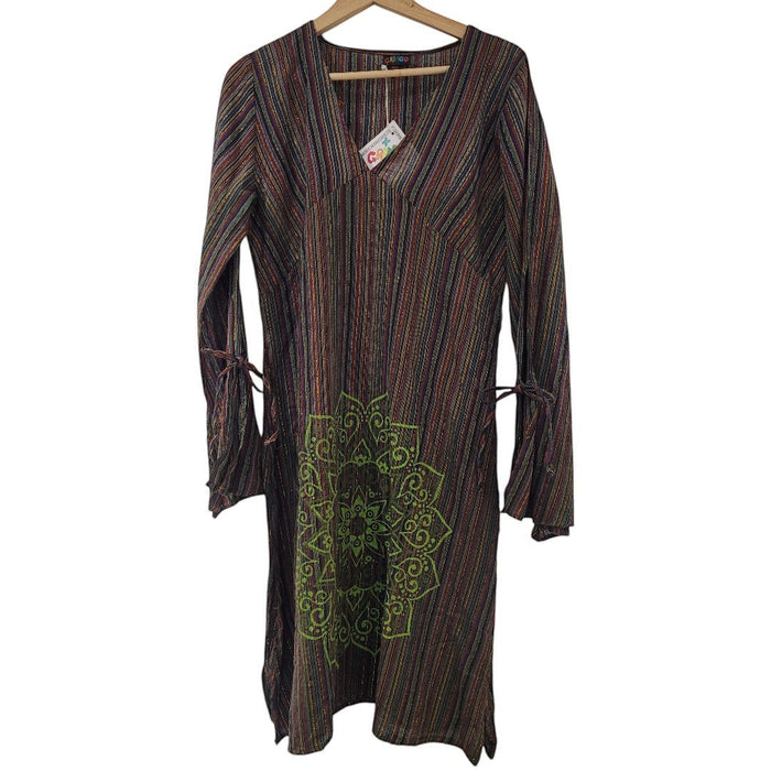 The Window, Milford Haven green and brown cotton midi tunic dress with mandala print, lurex fabric, and tie sleeves.