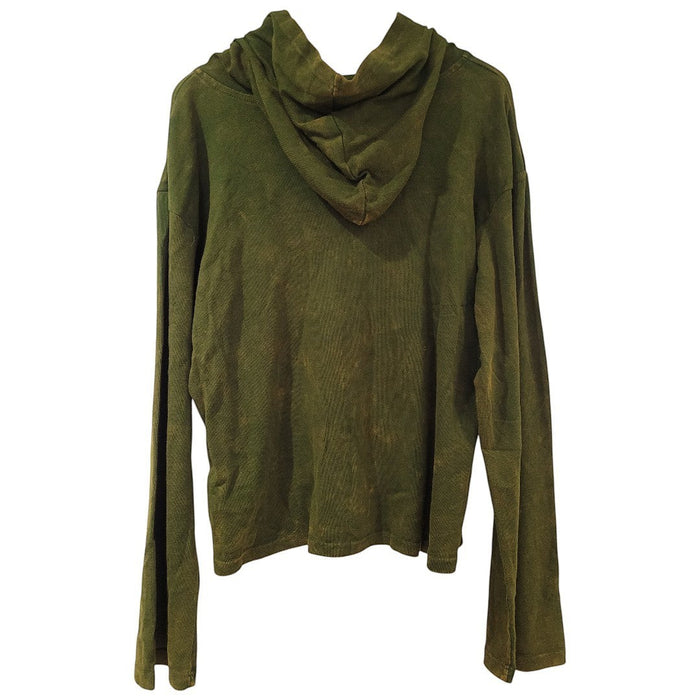 The Window, Milford Haven green cotton hooded zip-up top with long sleeves, shown from the back.