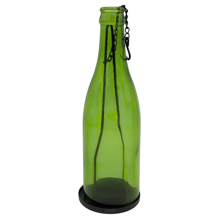 The Window, Milford Haven green glass bottle tealight holder with a black metal hanging chain and base.