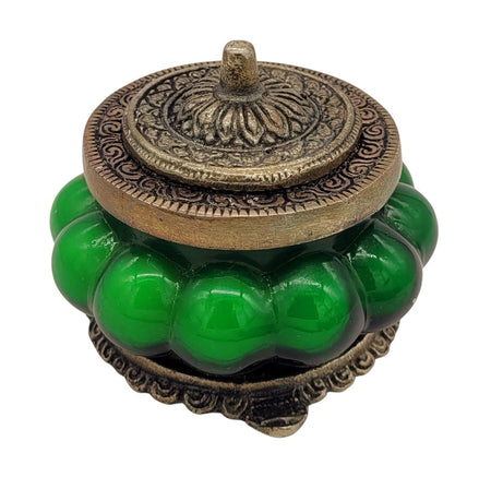 The Window, Milford Haven green Kamasutra scented soy candle in an antique-style pumpkin glass jar with metal lid