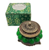 The Window, Milford Haven Song of India Kamasutra scented soy candle in a green pumpkin-shaped glass jar with metal lid