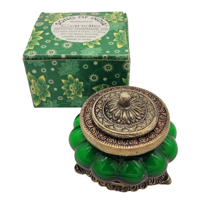 The Window, Milford Haven Song of India Kamasutra scented soy candle in a green pumpkin-shaped glass jar with metal lid