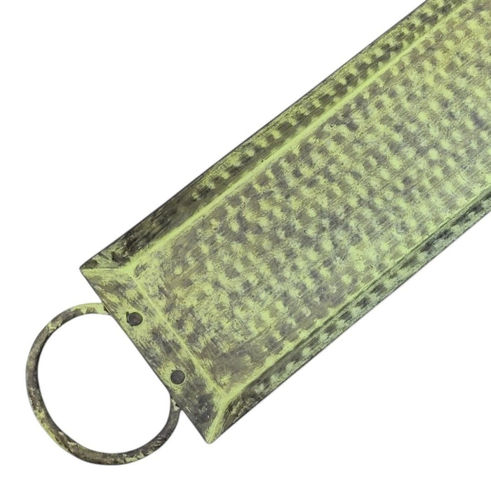 The Window, Milford Haven rectangular iron tray in distressed green with a rustic metal ring handle.