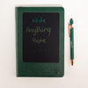 The Window, Milford Haven green leather-effect A5 notebook with a reusable LCD wipe screen and matching stylus pen.