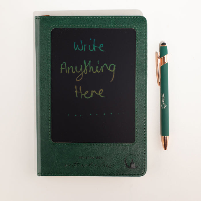 The Window, Milford Haven green leather-effect A5 notebook with a reusable LCD wipe screen and matching stylus pen.