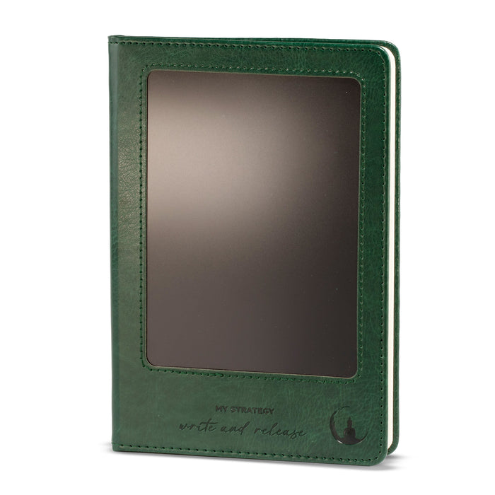 The Window, Milford Haven green leather-effect A5 notebook with a reusable LCD wipe screen on the front cover.