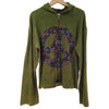 The Window, Milford Haven green cotton zip-up hooded top with a colourful peace symbol toadstool motif.