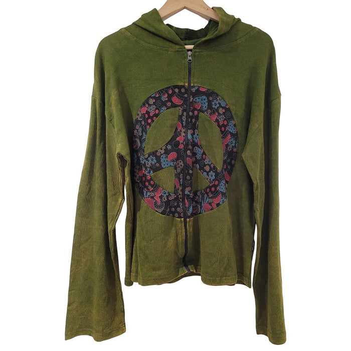 The Window, Milford Haven green cotton zip-up hooded top with a colourful peace symbol toadstool motif.