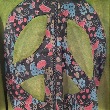 The Window, Milford Haven green cotton zip-up hoodie featuring a black peace symbol with colourful toadstool print.