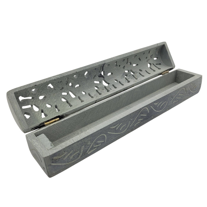 The Window, Milford Haven hand carved grey soapstone incense stick holder box with intricate floral lid cutouts