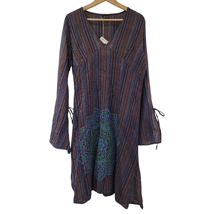 The Window, Milford Haven GRINGO fairtrade blue and purple cotton midi tunic dress with gold lurex and mandala print.