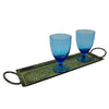 The Window, Milford Haven rectangular hammered iron tray with two handles holding two blue textured glass goblets.