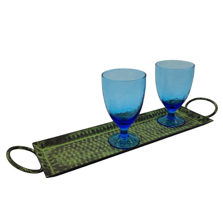 The Window, Milford Haven rectangular hammered iron tray with two handles holding two blue textured glass goblets.