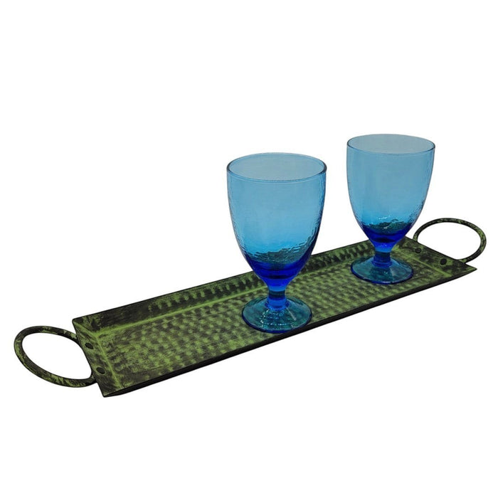 The Window, Milford Haven rectangular hammered iron tray with two handles holding two blue textured glass goblets.