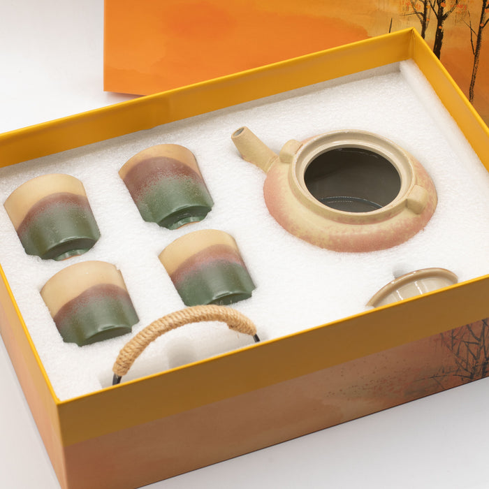The Window, Milford Haven ceramic Japanese Kyusu tea set with a side-handle teapot and four cups in a gift box.