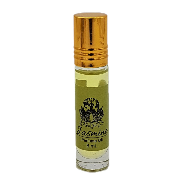 The Window, Milford Haven Jasmine Dream Spirit 8ml roll-on perfume oil in a clear glass bottle with a gold cap.