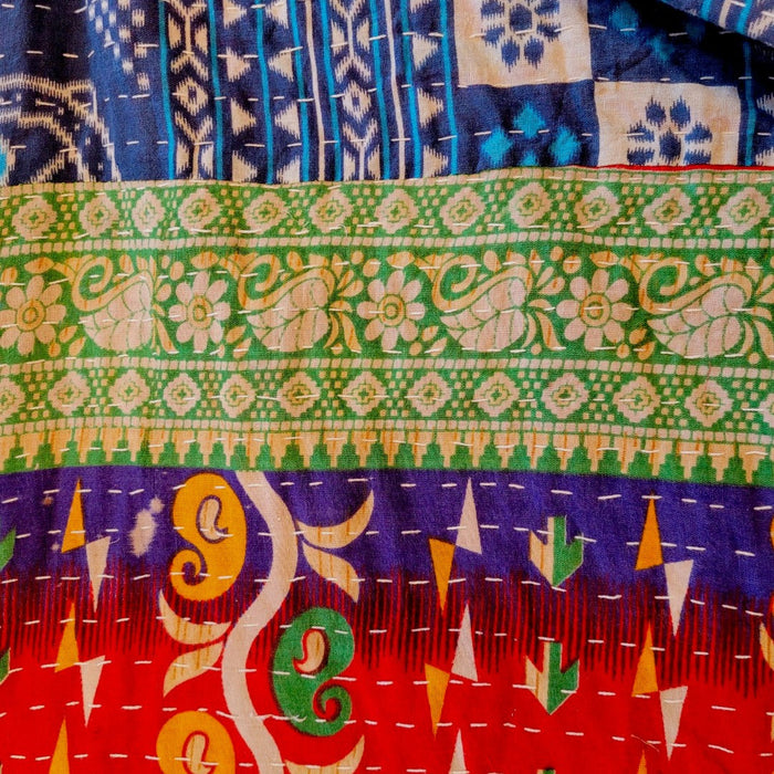 The Window, Milford Haven red and navy cotton Kantha kimono featuring intricate floral and geometric quilting detail