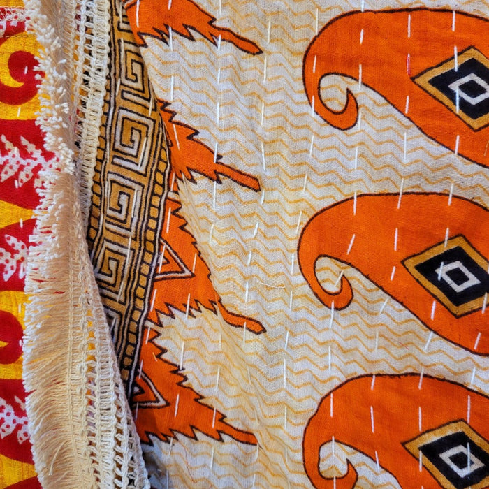 The Window, Milford Haven orange and beige cotton Kantha kimono with traditional stitching and fringed border detail